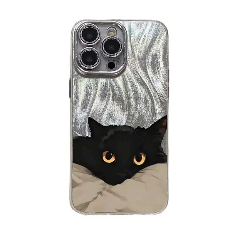 Cute Black Cat Aesthetic Smartphone Case Cover - Anti-Drop TPU, Holographic Shimmer Silver, Glitter Silver Foil, Shockproof, Snug Fit, Sleek Casing for iPhone 17,16,15,14,13,12,11 Pro Max Plus, Sohochic Cute Phone Accessories