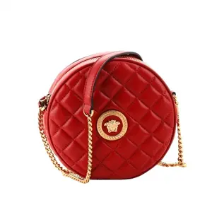 Pre-owned VERSACE Lambskin Leather Crossbody Bags Red Quilted Medusa Medallion Logo Round Leather Crossbody
