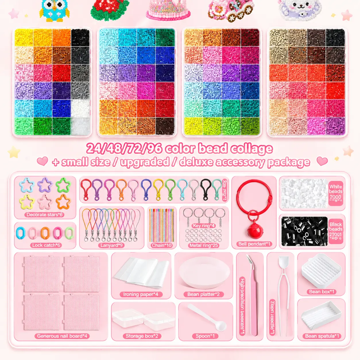 24/48/72/96 Color Mini Fuse Beads Kit, 38,000+ Pcs 2.6mm Plastic Melty Beads Set, 3D Pixel Puzzle DIY Craft Bead Kit with Pegboard, Ironing Paper, Tweezers, Beading Supplies for Keychains, Pendants & Jewelry Making