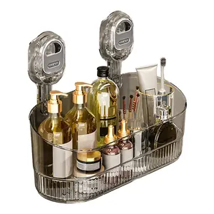 Transparent Suction Storage Box Wall-Mounted Organizer with Drain Hole Removable Clear Shower Caddy for Home Kitchen Anti-Slip Base Space-Saving PP Plastic