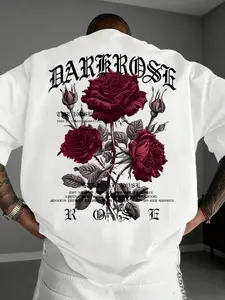1PC Dark Rose Graphic Floral T-Shirt Casual Gothic Streetwear Durable Polyester White Short Sleeve Oversized Tee For Men & Urban Style