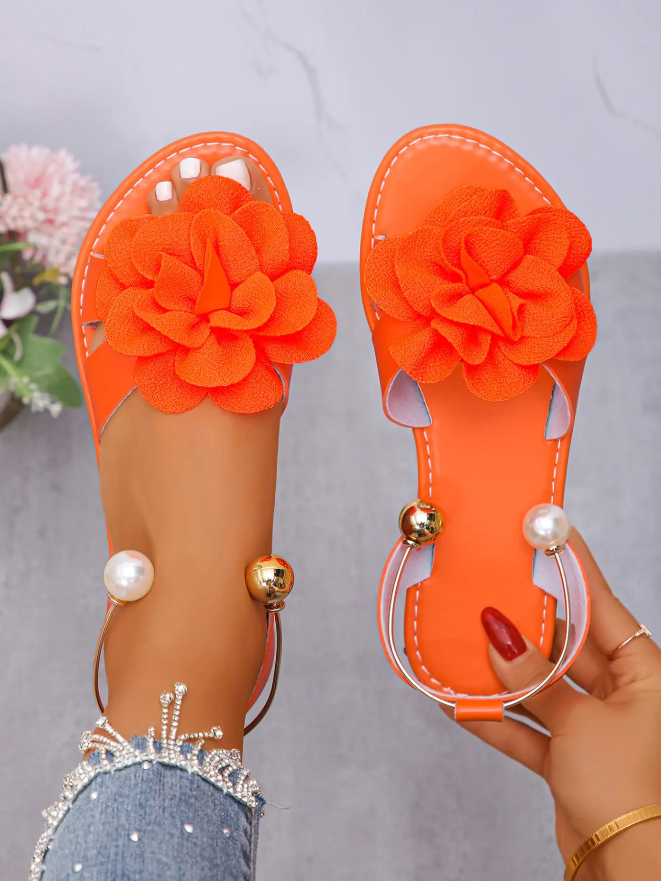 Women's fashionable casual comfortable solid color open-toe simple stylish floral Flower summer beach vintage vacation flat sandals Comfy Strappy Sandals