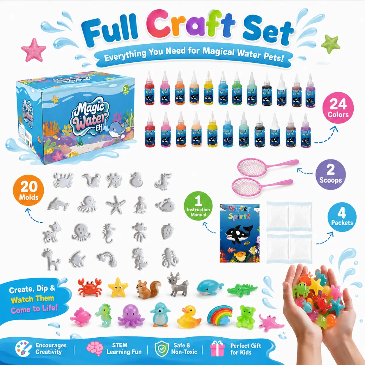 Magic Water Elf Kit for Kids, 24 Color Gels and 20 Molds, DIY Squishy Water Pets, Halloween Craft Gift, Ages 3+