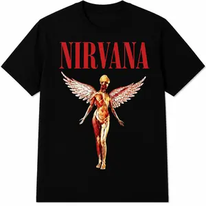 Nirvana Inspired Anatomical Angel Graphic T-Shirt for Men | 100% Cotton Vintage Rock Band Style Tee | Gothic Streetwear Winged Figure Print