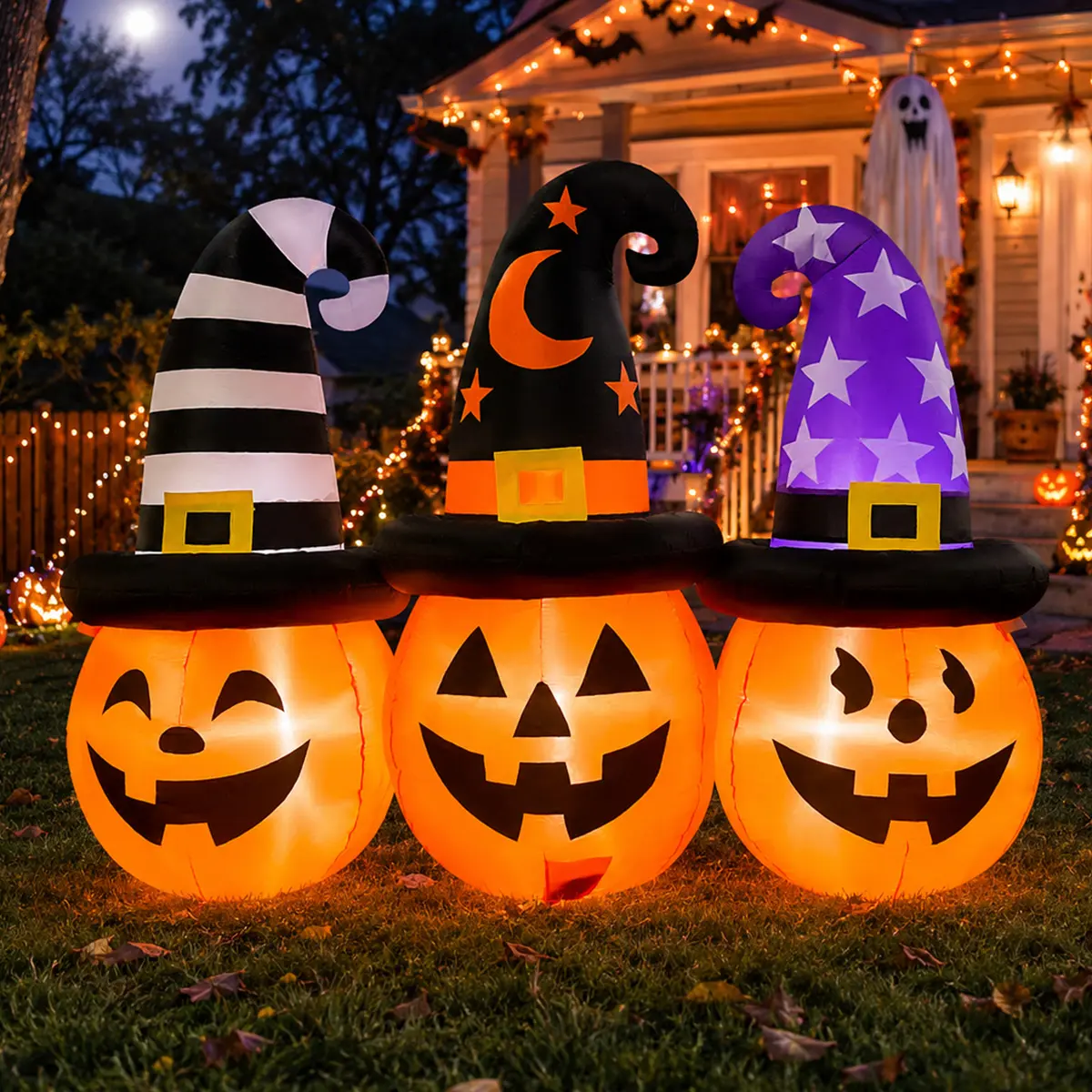 GOOSH 6FT Inflatable Trio of Pumpkins with Witch Hats – Light-Up Halloween Yard Decoration
