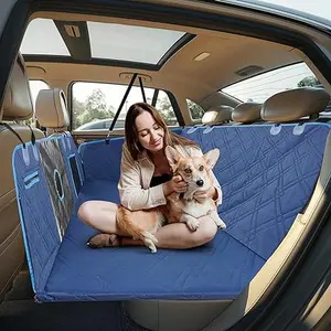 Back Seat Extender for Dogs, Waterproof Dog Seat Cover with Hard Bottom for Backseat, Pet Car Camping Bed with Mesh Window, Non-Slip Dog Hammock for Car Truck SUV, Navy (Blue)