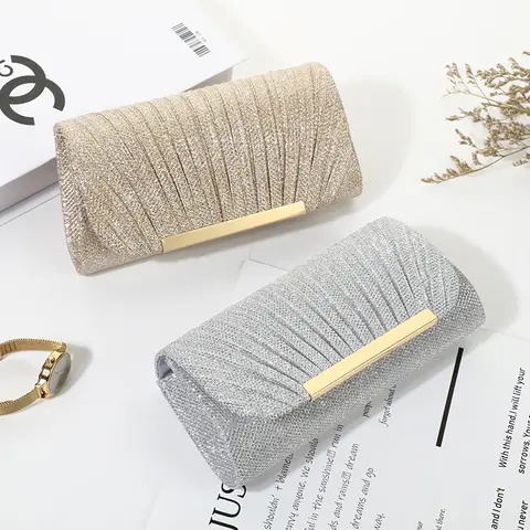 Women's Pleated Sequin Clutch Bag - Lightweight Nylon Envelope Elegant Evening Stylish Trendy Clutchbag with Chain Strap, 20*5*10Cm（146G） Shoulder Purse for Wedding Guests, Prom, Elegant Purse