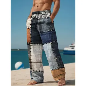 Men'S Casual Pants with Bohemian Style Prints, Drawstring Long Trousers, Wide-Leg Pants, Outdoor Leisure Long Pants, Outdoor Sports