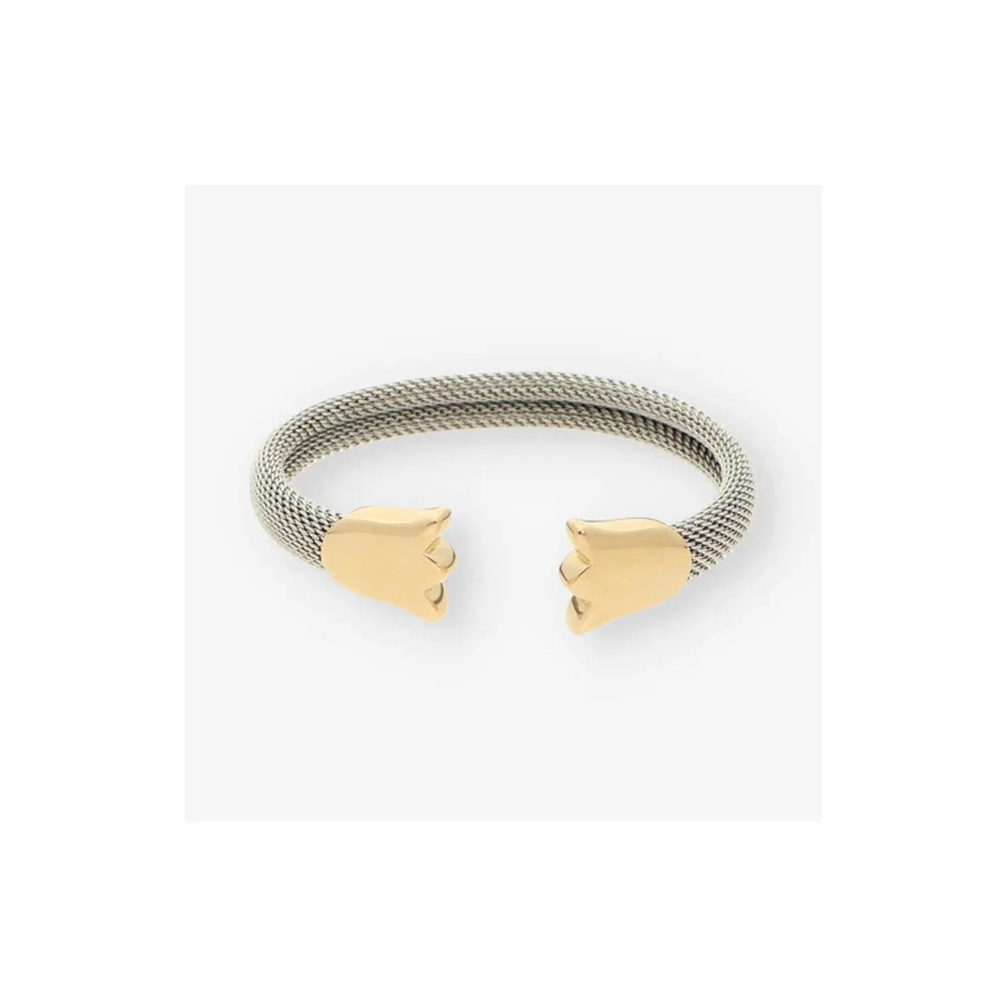 Elegant Tulip Design Bangle Bracelet with Gold-Tone Ends and Silver-Color Mesh Band for Women