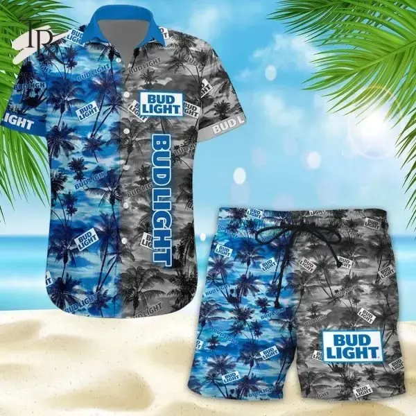 Bud Light Hawaiian Shirt Shorts Set Men Women Palm Tree Blue Gray Aloha Matching Outfit Summer Beach Party Sunbathing BBQ Festival Loose Comfortable Tropical USA