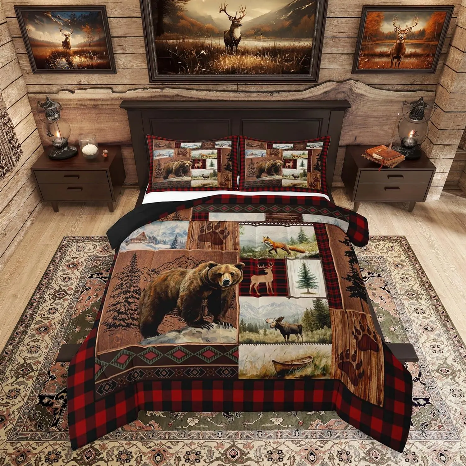 Feelyou Queen Size All Over Print Duvet Set - Multi-Size Animals Themed Bedding with Lodge Rustic Deer, Cabin Bear Prints, Farmhouse Country Boho Buffalo Check Wooden Accents, Breathable Machine Washable Home Decor