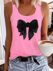 Women's Cartoon Bow Print Sports Tank Top, Casual Sleeveless Round Neck Top for Daily Wear, Ladies Sportswear for All Seasons, Womenswear