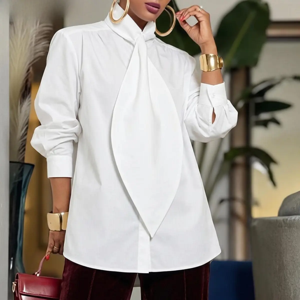 Women's High Neck Long Sleeve Blouse - White, Loose Fit, Fitted Exaggerated Tie Design, Basic Minimalist Style, Soft Breathable Casual Comfortable Lady Plus Size Tops for Women,summerwins,summeroutfits,vacationoutfits,beachoutfits