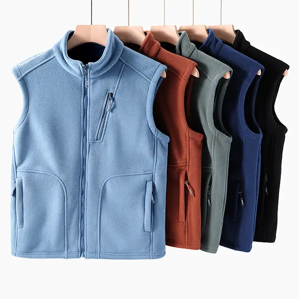 Men's Plain Stand Collar Sleeveless Warm Fleece Core Waistcoat - Basic Activewear, Athletic Sports Clothes, Cozy Fabric, Practical Pockets, Layer-ready, Added Protection, Outdoor Use