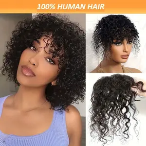 2025 Hot Wholesale [HumanHairCurlyWaveTopper]HumanHairElegantBlackCurlyWaveTopperwithBangs-Clip-InHairExtensionsforWomen-DailyUse
