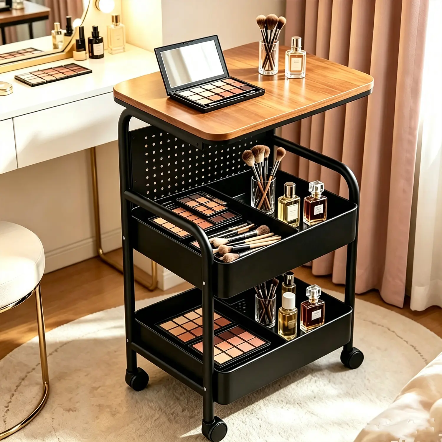 3-Tier Vegetable/Utility Storage Rack—metal construction featuring adjustable shelves and storage baskets; suitable for laundry rooms, bathrooms, kitchens, and pantries.