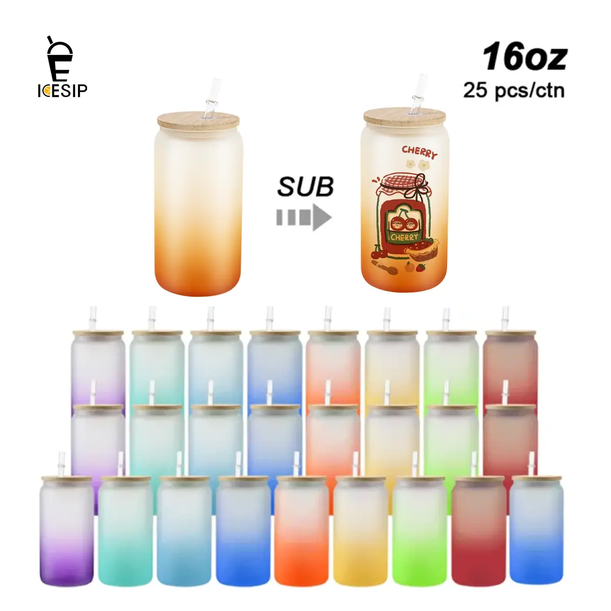 ICESIP 25pcs/ctn 16oz Frosted Sublimation Gradient Plastic Glass Tumblers with Bamboo Lids - Reusable Iced Coffee Cup, Festive Home Supplies for Thanksgiving Gifts