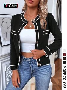 women's contrast binding fake pocket button front cardigan without crop top & necklace, casual basic long sleeve round neck cardigan, women's knitwear for spring & fall