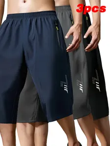 Men’s 3-Pack Knee-Length Athletic Shorts — Summer Moisture-Wicking Loose Fit, Breathable, Solid Color Quick-Dry Lightweight Trendy Style