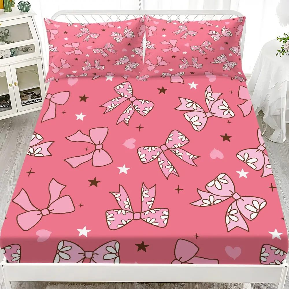 3pcs Bedding Set (1 Fitted Sheet + 2 Pillowcases), Bow Heart Star Pattern, Valentine's Day Gift, Breathable Polyester, Bed Sheets Set, Bed Sets, Bedsheets