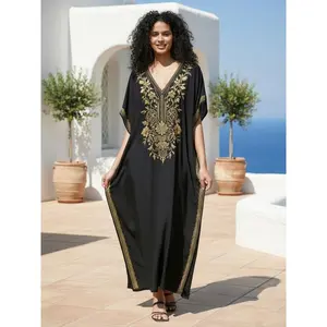 Arabic Clothing-Ethnic Pattern Embroidery Batwing Sleeve Split Hem Kaftan Dress, Modest V Neck Half Sleeve Long Dress for Summer, Women's Clothing for Vacation Holiday Beach Wear