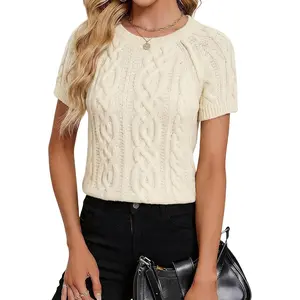 Tanming Womens Short Sleeve Cable Knit Sweater Crew Neck Lightweight Spring Summer Fall Tops Textured Shirts