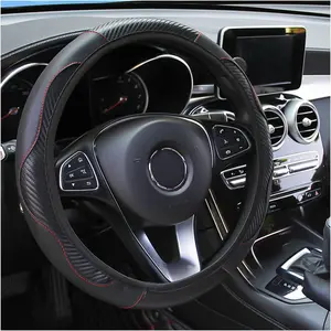 Carbon Fiber Microfiber PU Leather Steering Wheel Cover 15 Inch Anti-Slip Breathable Interior Accessories for Men Women Black