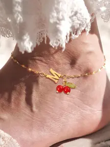 Cherry & Letter Design Anklet for Women, Fashion Vintage Stainless Steel Lip Chain Anklet for Women & Girls, Trendy All-match & Exquisite Jewelry for Birthday Gift
