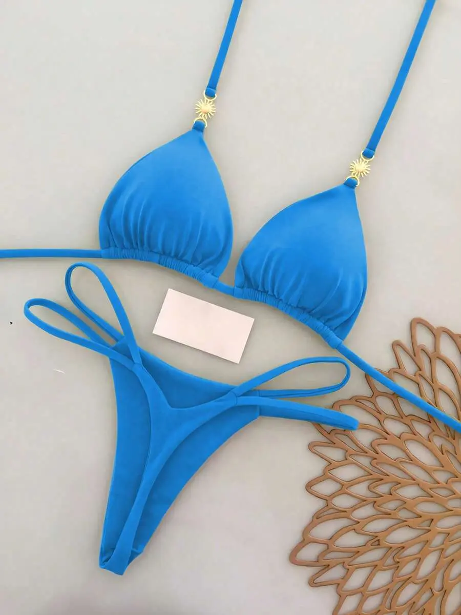 2pcs Casual Elegant Sexy Bohemian Floral Print Tie-Up Contrast Trim Bikini Swimwear, Suitable For Beach & Holiday, Spring/Summer Vacation