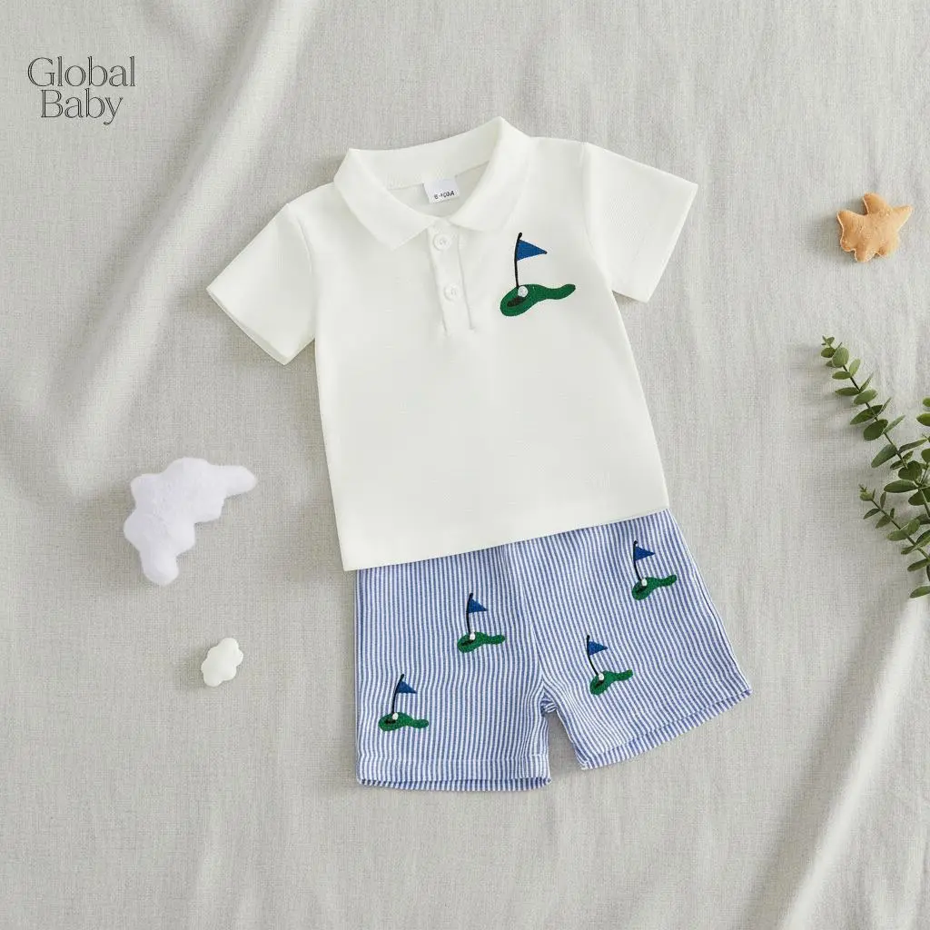 Global  Baby Boys Summer Golf Outfits Embroidery Lapel Short Sleeves T-Shirt and Elastic Striped Shorts Set Set for Baby Horse, T-shirt Set, Shorts for children 3-8 years old, 4-way cotton