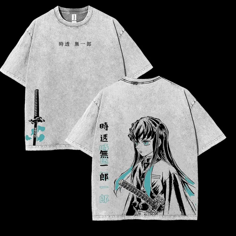 Men's Demon Slayer Muichirou Tokito Graphic T-Shirt - Heavyweight Acid Washed Cotton, Casual Short Sleeve, Rib Detail, Fitted Cut Menswear Top, Graphic Print