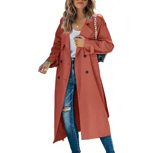PASLTER Women's Double Breasted Long Trench Coat Windproof Classic Lapel Slim Overcoat with Belt