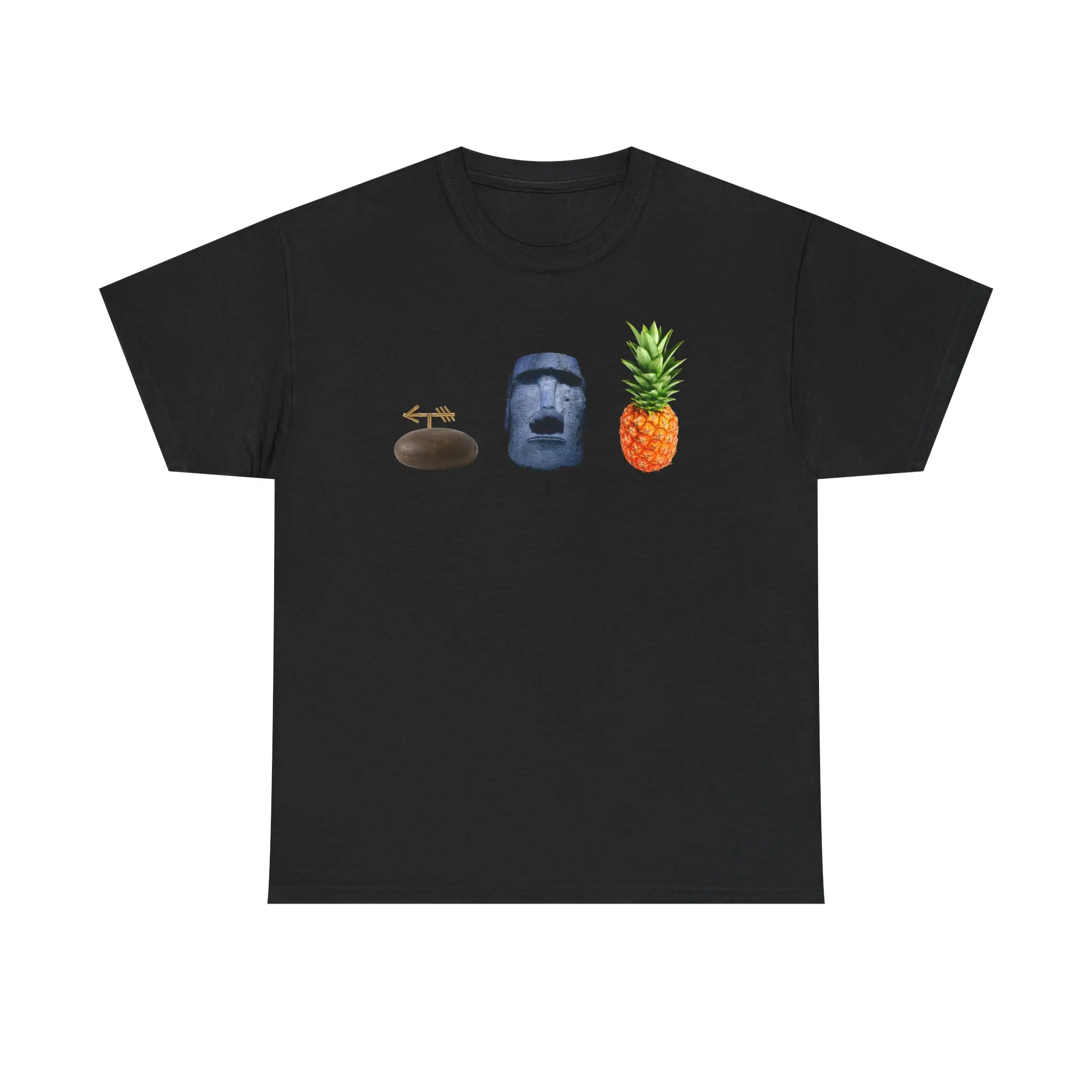 Rock, Moai Head, and Pineapple T-Shirt, Tshirt, Cotton, Bright Pineapple, Oeko-Tex Certified, Graphic, Carved Stone Head, Pebble With Umbrella, Prints, Shortsleeve, Tops, Tee, Casual,multiple,occasion
