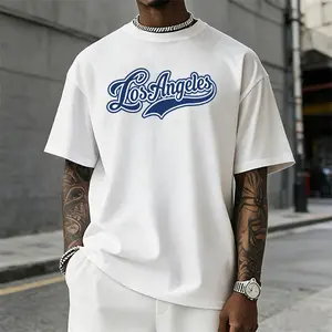 Men’s summer 100% cotton loose casual T-shirt, vintage Los Angeles cursive script graphic crew neck tee, retro LA city streetwear short-sleeve top for everyday urban outfits