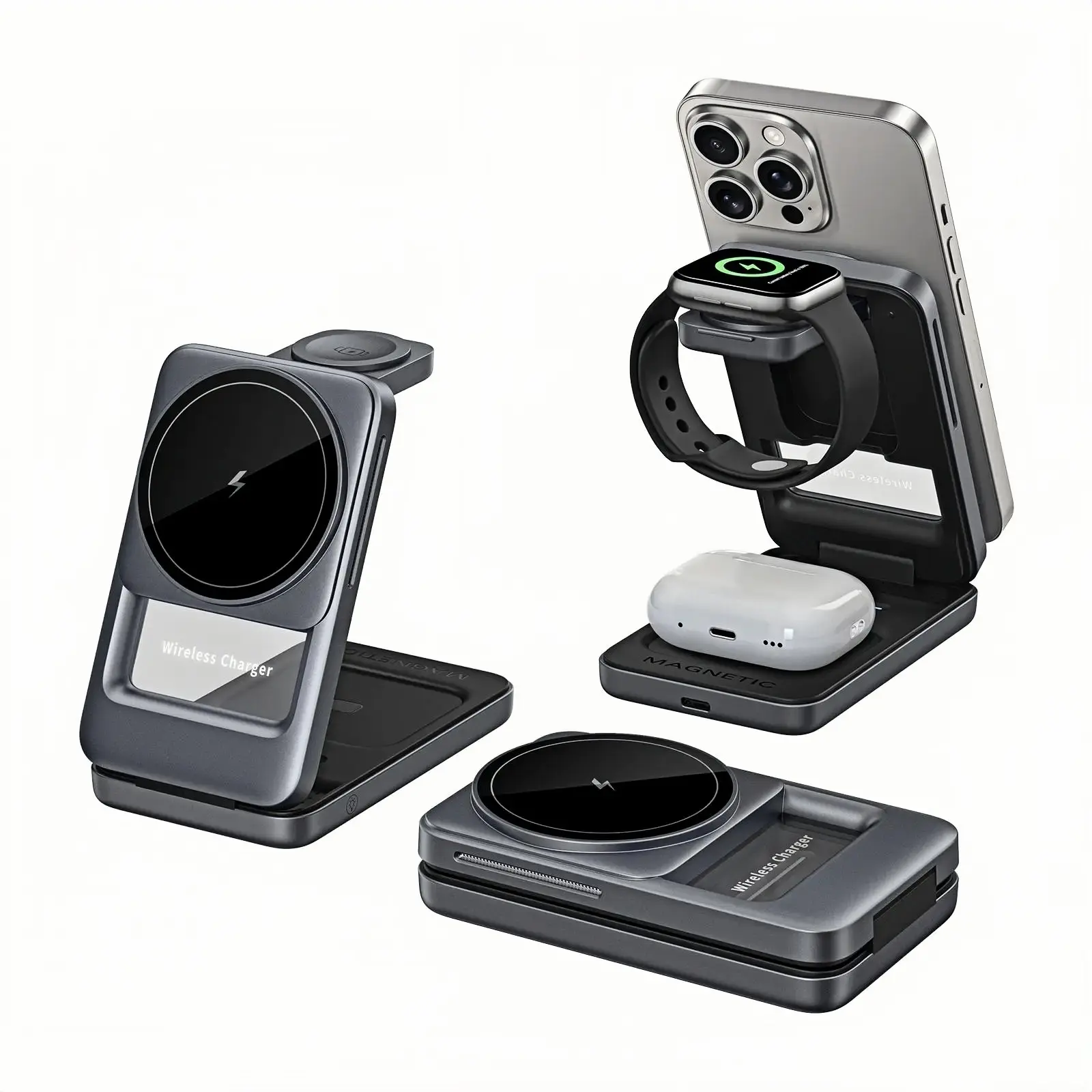3-in-1 Foldable Magnetic Wireless Charger, PD20W Fast Charging Station for Compatible Smartphones, Smartwatches & Wireless Earbuds, Compact Travel Charging Dock