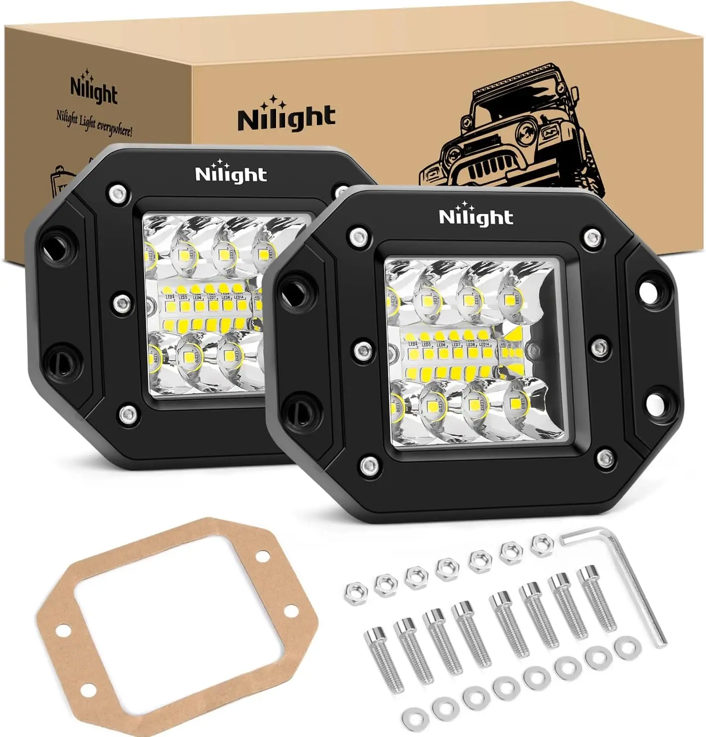 Nilight 2PCS 42W Flush Mount Aluminum LED Work Lights - Upgraded Spot Flood Combo Offroad Lighting, Light Bar Car, Led Lightbar, Compatible with 4x4 Trucks SUVs, -20~45°C, Fog Light