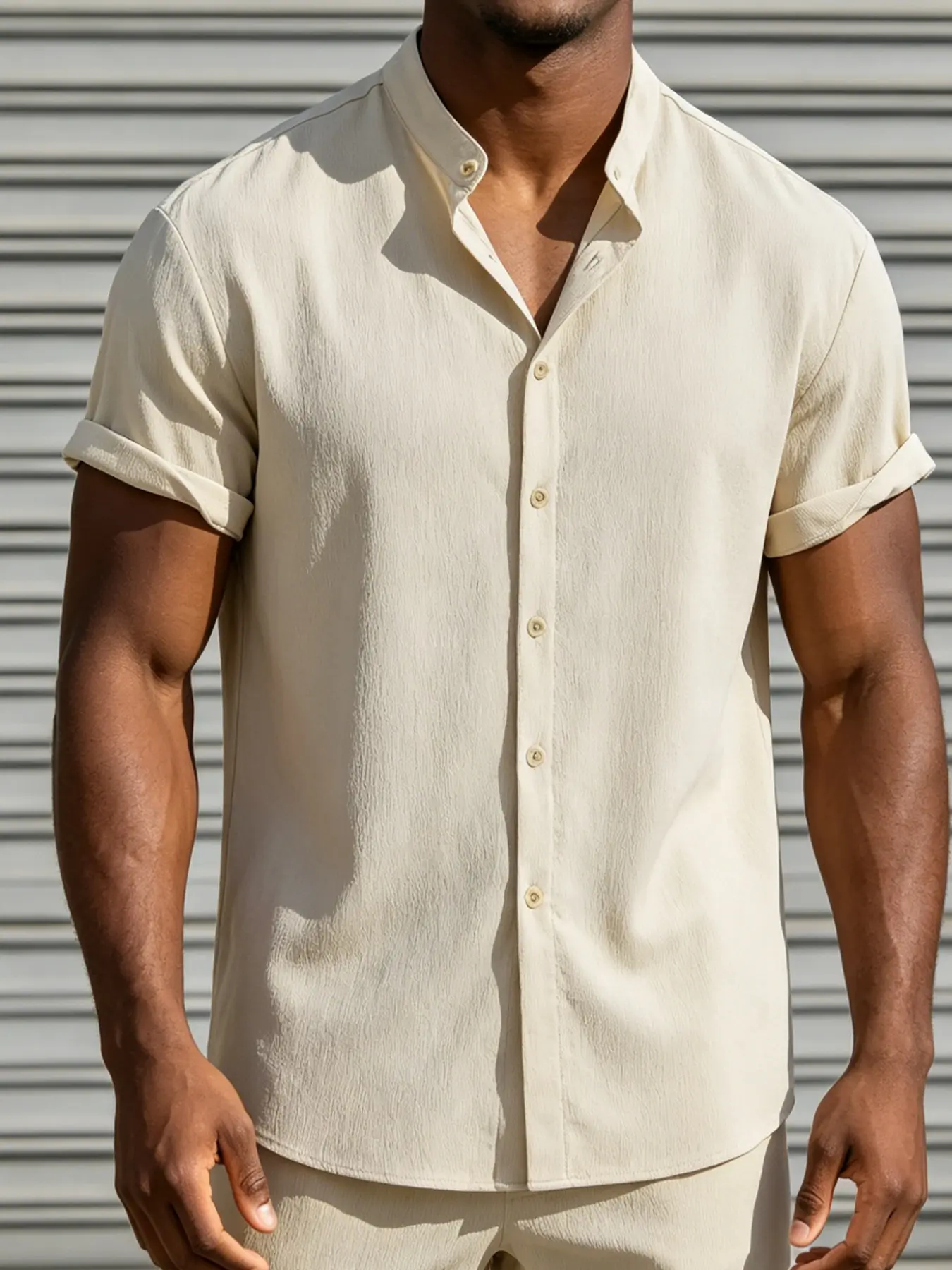 Men's Beige Stand Collar Short Sleeve Button-Up Shirt, Ultra-Soft Textured Breathable Fabric, Relaxed Fit for Daily Outings, Commuting, Street Style, Casual Summer Streetwear & Summer Casual Wear