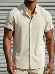 Men's Beige Stand Collar Short Sleeve Button-Up Shirt, Ultra-Soft Textured Breathable Fabric, Relaxed Fit, Casual Loose Fitted for Daily Outings, Commuting, Street Style & Summer Casual Wear
