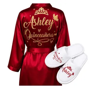 Personalized Quinceañera Satin Robe & Slippers Set | Custom Name & Phrase | Sweet 15 Gift
