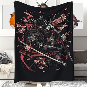 Seductive Wife Sofa Blanket - 3D Printed Anime Warrior Design with Cherry Blossoms, Black and Red, Soft Polyester, Machine Washable, Perfect Home Decor, Birthday and Gift, Gift for Anime Enthusiasts |   Art Wall Hanging |   Durable Polyester, Anime Room D
