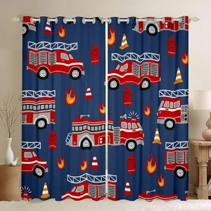 Feelyou Cartoon Fire Truck Blackout Curtains - 30%-50% Darkening, Blue Red Firefighter Vehicle Engine Design, Home Decoration Privacy Grommet Window Treatments, Home Decoration Curtain, Privacy Grommet Curtains