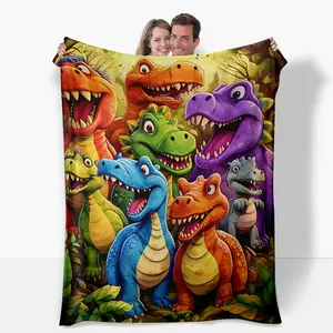 2026 New Years Gift Dinosaur Flannel Blanket with Playful Smiling Dinosaurs Cartoon Colorful Polyester Throw Cozy Fuzzy Plush Comfy All-Season for Teen Boys Girls Birthdays Holiday Gift