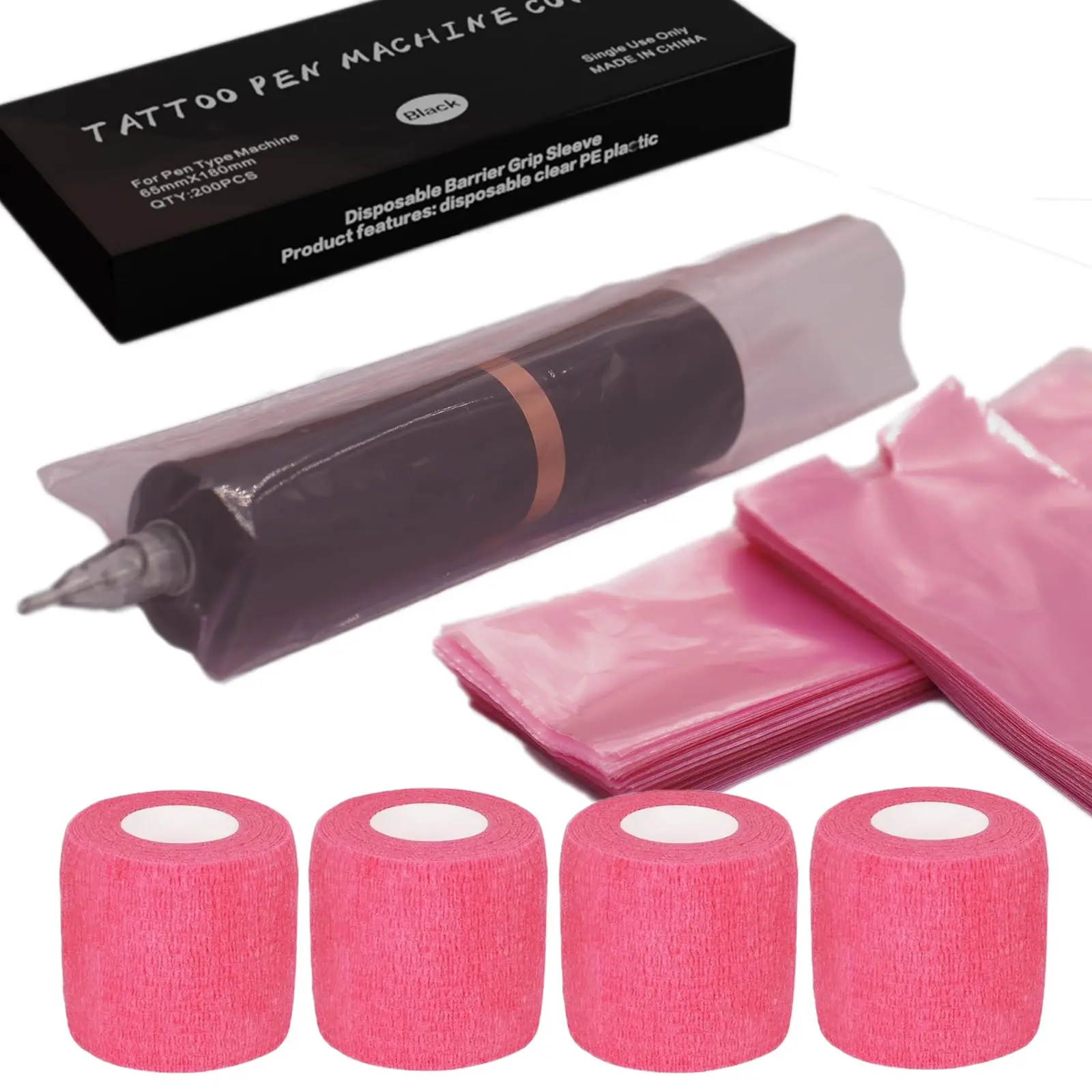204-Piece Tattoo Supply Kit with 200 Pink Pen Sleeves and 4 Rolls of Self-Adhesive Elastic Grip Tape, 7.09x2.56" Pre-Cut Covers to Protect Your Machine, Tattoo Equipment Supply, Elastic Fabric, Protects Machine, Pre-Cut Fit, 200Pcs
