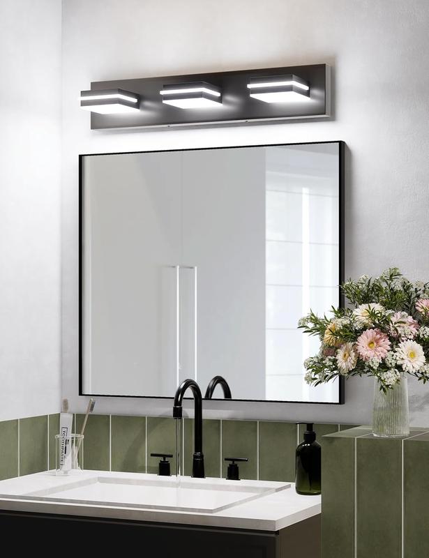 LED Modern Bathroom Vanity Light Fixtures 3-Light 19-Inch Matte Black Acrylic Wall Lighting Over Mirror Energy Saving 18W Cool White Rotatable Design