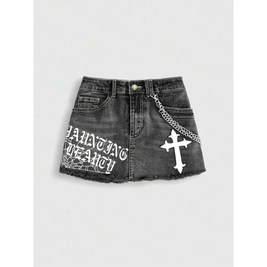 LUNA LAYER Grunge Punk Y2K Goth Slogan Print Cobweb Crisscross Low Waist Mini Denim Skirt