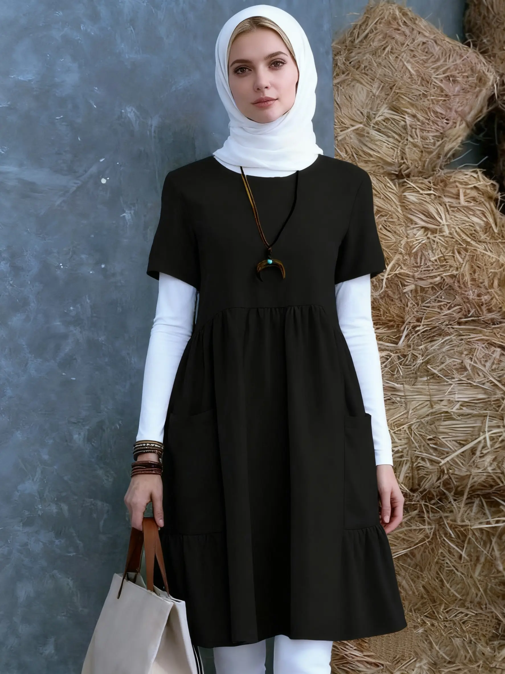 Elegant Round Neck Solid Color Dress, Plus Size Loose Fit Casual Style, Short Sleeve Women's Fashion, Ideal for Daily Wear &