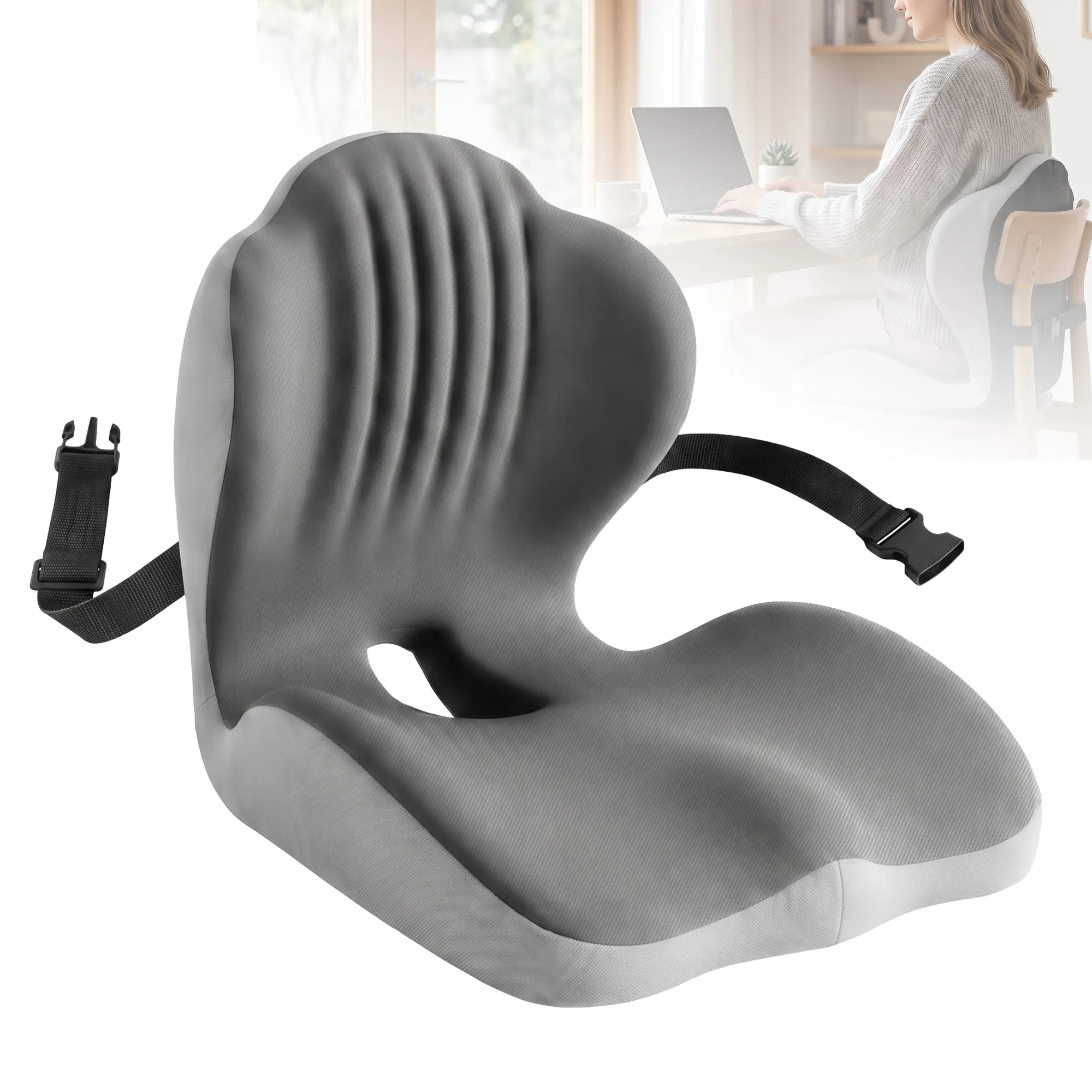 Ergonomic Memory Foam Seat Cushion & Lumbar Support Set, Stay-in-Place Chair Pad with Elastic Straps & Non-Slip Base, Washable Cover, Sciatica & Back Pain Relief for Long Sitting Office, Car, Home Gift campingessentials