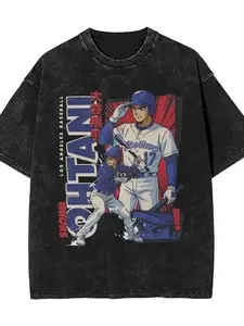 Ohtani Dodgers Anime Style Men's T Shirts Washed Funny Tee Shirt Short Sleeve O Neck T-Shirts 100% Cotton Plus Size Clothes