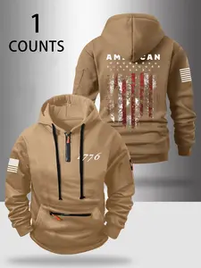 Autumn Winter Design Zipper Thick Casual Sweatshirt Hoodie, Patriotic 1776 Broken Flag Print, Casual Fashion Sportswear for Outdoor Leisure