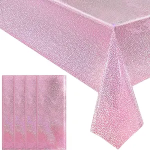 4pcs light pink holographic laser tablecloth 54*86.6 inches aluminium foil disposable plastic rectangular tablecloth, suitable for birthday parties, wedding anniversaries, and bridal shower decorations Plastic Table Cover